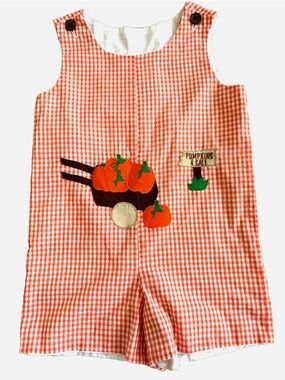 Handmade Boys Pumpkin Shortall Romper Fall Gingham Jon Jon Pumpkins 4 Sale Sz 3T